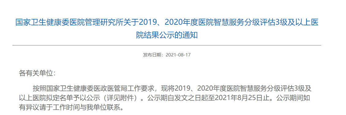 List of Hospitals with Level 3 or above in the First Batch of Hospital Smart Service Grading Evaluat